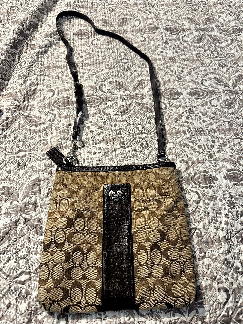Coach Signature Stripe Flat Crossbody Bag Brown & Black